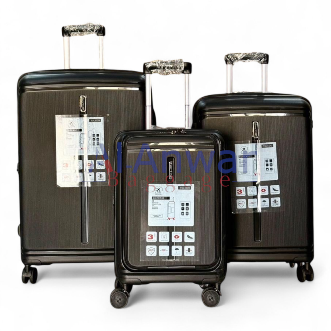 ICarry Toledo Series 3 piece premium luggage set in broad sizes showing small, medium, and large suitcases.